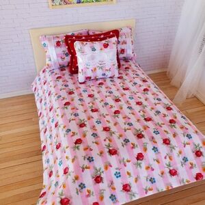Miniature Dollhouse Floral Stripe Bedding Set 1:12 Scale